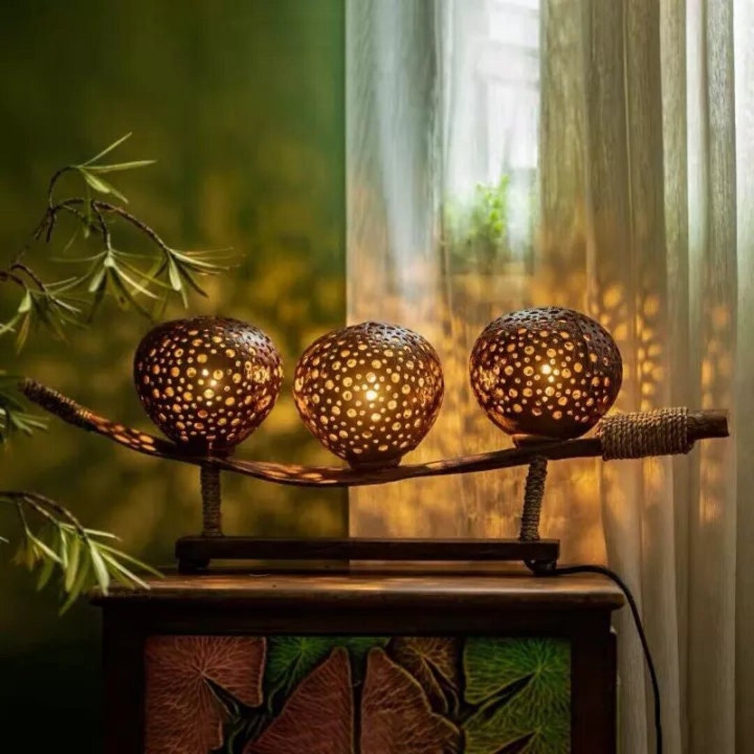 Carved Coconut Shell Lamp Handmade Light Fixture Etsy