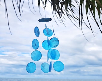 Ocean Blue Capiz Shell Wind Chime | Coastal Garden Decor