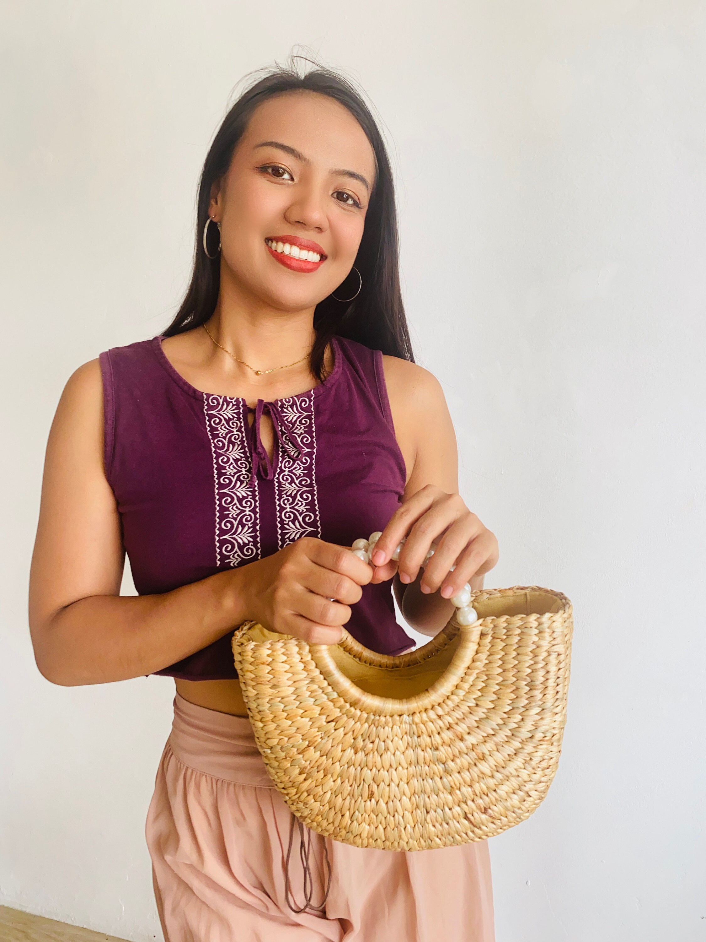 Handmade Water Hyacinth Boho Bag, Pearl Handle - Etsy