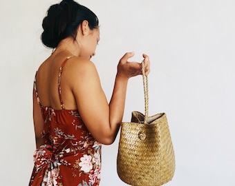 South East asian handcrafted handbags, nature gift, Handmade Krajood Basket Bag, Woven Straw Beach Bag
