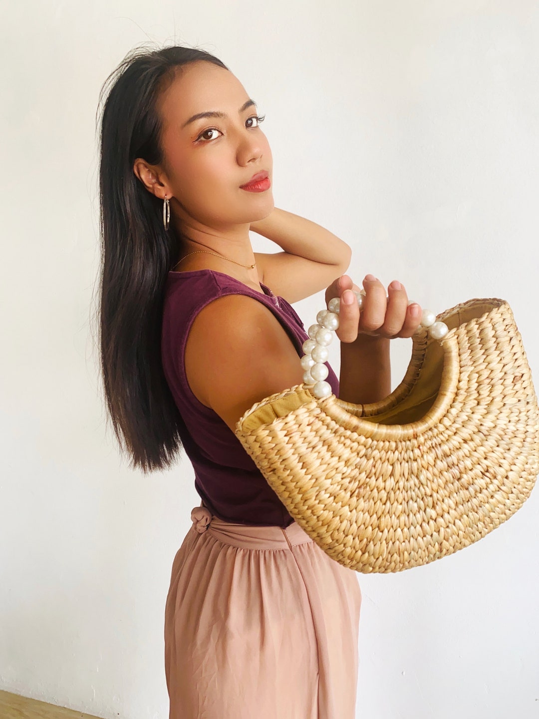 Handmade Water Hyacinth Boho Bag, Pearl Handle - Etsy