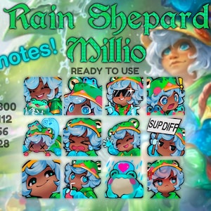 Peut inclure: Un ensemble de 12 émoticônes Twitch animés mettant en scène un personnage de dessin animé avec des cheveux bleus et des vêtements verts. Le personnage est une grenouille avec une variété d'expressions, y compris heureux, triste, surpris et en colère. Les émoticônes sont disponibles en quatre tailles différentes : 300x300, 112x112, 56x56 et 28x28. Le texte "Rain Shepard Emotes! Milllio READY TO USE" est visible en haut de l'image.