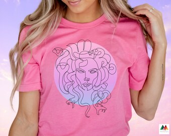 Medusa Feminine Empowerment T shirt | Gradient Pink, Purple & Blue background Summer Tshirt