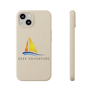 May include: A beige phone case with a sailboat graphic and the text "SEEK ADVENTURE".