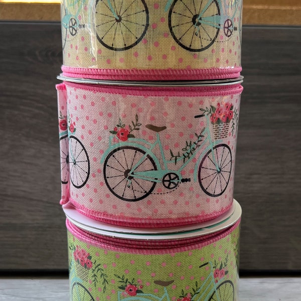 Bicycle Spring Wired Ribbon-Bicycle Ribbon-Bike ribbon-Bicycle wired ribbon-Pink floral ribbon-Spring wired ribbon-10 yard roll of ribbon