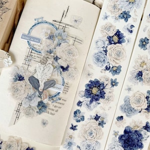 Monster/rol, vintage PET-tape met blauwe bloem, benodigdheden voor tijdschriften, scrapbooking, collage, junkjournaal, kortstondige, knutselen, boeket, bloemen, TYE8