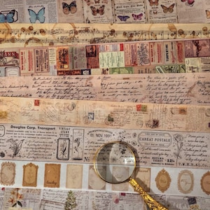 Rol van 2 m, vintage washitape, benodigdheden voor tijdschriften, plakboek, collage, knutselen, junkjournaal, vlinder, muziek, bloem, versiering, TCH8
