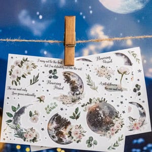 Juego de 2 pegatinas para frotar con diseño floral de luna, pegatinas transferibles, pegatinas para imprimir, suministros para diarios, álbumes de recortes, collages, manualidades, pegatinas para planificadores, ST21