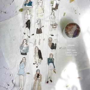 Muestra/rollo, cinta adhesiva elegante para niña Pion PET, suministros para diario, scrapbooking, collage, cinta washi, pegatinas de personas, pegatinas para planificador, pegatinas de niña