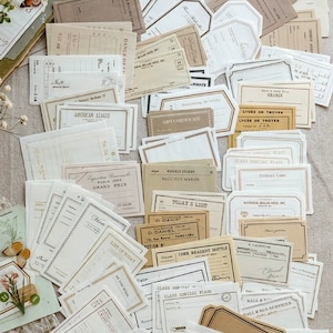 100 stuks, retro label memopakket, kaartjes, vintage papier kortstondig, plakboek, knutselen, collage, dagboekbenodigdheden, junkjournaal, L07