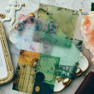 10 fogli quadrati di adesivi in pergamena vintage, verde, effimeri, forniture per diari, scrapbooking, collage, artigianato, diario spazzatura, JD1