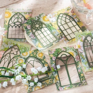 10 Stück, Blumen Fenster Rahmen Aufkleber, Journal Bedarf, Scrapbook, Collage, Basteln, Retro Aufkleber, Pink, Grün, Blau, Weiß, ST1