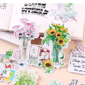 Liquidação, 16 unidades, adesivos grandes de buquê e citação, suprimentos para diário, álbum de recortes, colagem, adesivo de planejador, adesivos de flores, citação em inglês