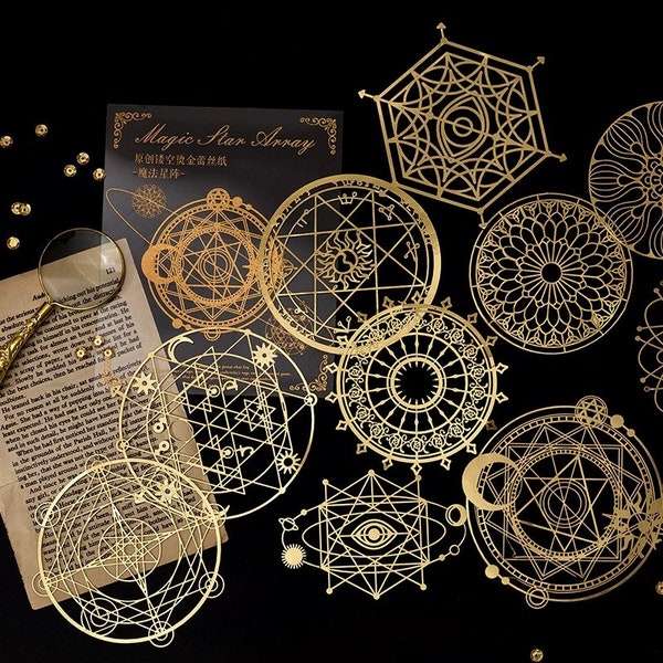 10 pcs Die-cut, Magic Circle Gold Foiled Card, Paper Ephemera, Scrapbooking, Collage, Journal Supplies, junk journal, Embellishment,DC07