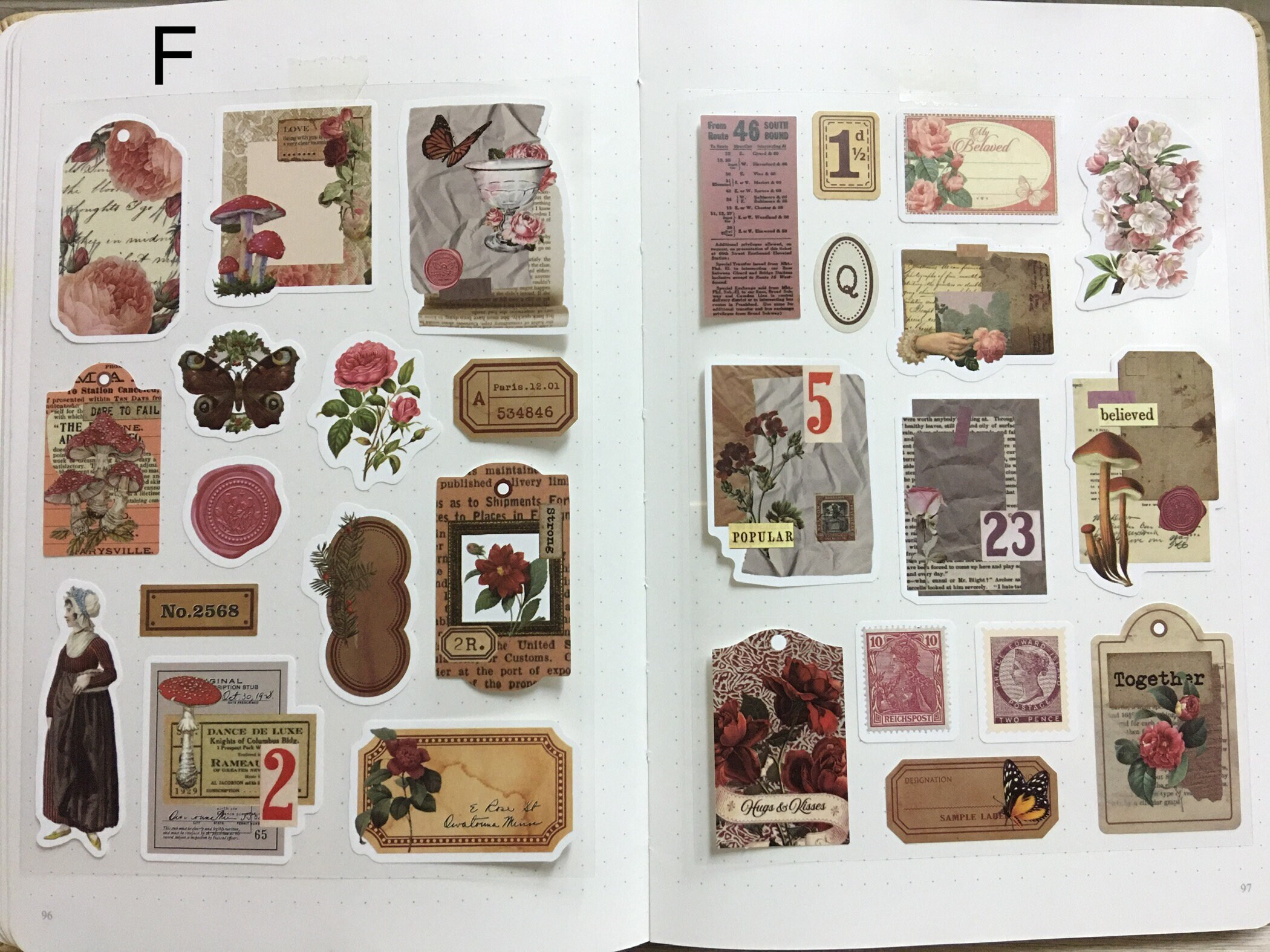 Clearance, Set of 12, Vintage Label Sticker, Red Flower, Purple