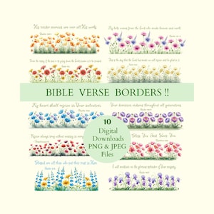 Ramki z wersetami biblijnymi, chrześcijańskie kwiatowe grafiki klipartowe, sztuka biblijna, sztuka oparta na wierze (PNG i JPEG)