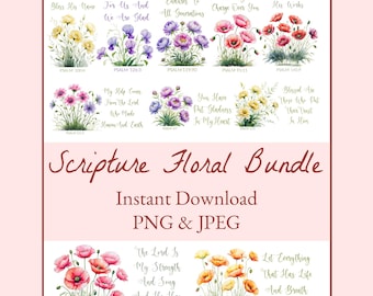 Scripture PNG Clipart Bundle, Christian Card Crafts, Flowers Instant Download, Bible Verse JPEG