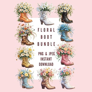 Boots Clipart, Floral Bouquet Bundle, Distressed Boot PNG & JPEG Images, Instant Download