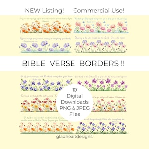 Puede incluir: Una colección de 10 bordes digitales de versículos bíblicos con diseños florales en acuarela en varios colores, incluyendo naranja, rosa, morado y rojo. Cada borde incluye texto bíblico específico en una fuente cursiva.