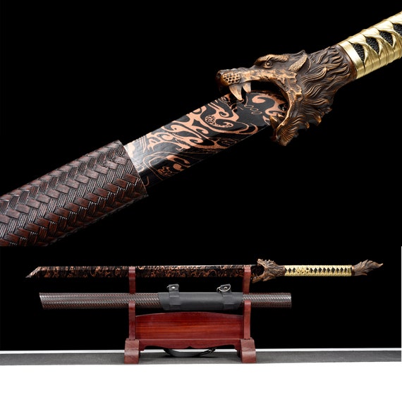 Espada samurái hecha a mano, espada samurái real, espada samurái japonesa,  hoja azul y vaina de cuero, katana tang completa, artesanía -  México