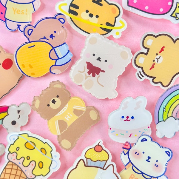 Acrylic brooch, cute character acrylic pins, gifts for kids, for her, for him, kawaii acrylic, Teddy bear, bunny, lovely, pins, Bag, Rainbow