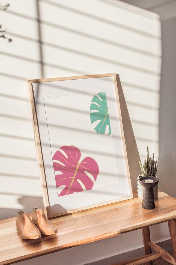 Teal and Pink Leaf Art Print Modern Minimalist Wall Art Etsy