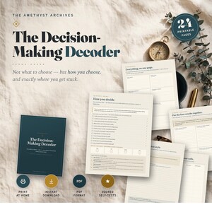 May include: A printable digital document titled The Decision-Making Decoder, featuring a dark blue cover and multiple cream-coloured pages with checklists, lined sections, and text. Includes a gold compass, a pen, and a 24 printable pages badge.