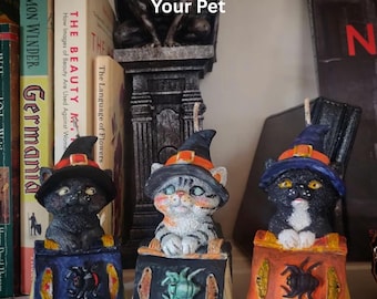 Custom Witch Cat Candle: Hand-Painted Pet Portrait, Halloween Decor