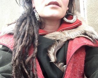 Upcycel Special Holz Ohrringe, Creolen, gehäkelt aus Gardienenringen - Tribal Gipsy Boho Hippie Psy Goa Accessoire Schmuck