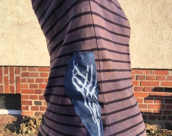 Upcycle Longsleeve GR S / M Tunika 100% Baumwolle Handgefärbt Batik Muster Tribal Patch Techno Punk Goa Psy Tekno Rave Wear