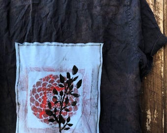 Leinen Hemd Kurzärmlig T-Shirt Männer Oberteil GR M Siebdruck Tribal Psychedelec Mandala nature Techno Punk Psy Goa Tekno Rave Wear