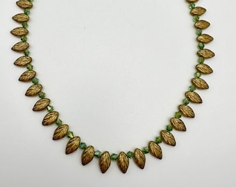 Czech Glass Leaf Necklace: Golden Crystal Accents, 16 inch