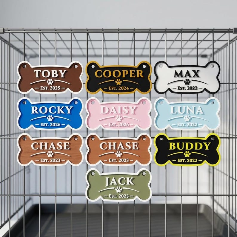 May include: A collection of bone-shaped pet tags in various colors, each with a name and the year established. Names include Toby, Cooper, Max, Rocky, Daisy, Luna, Chase, Buddy, and Jack. The tags are displayed against a wire cage background.