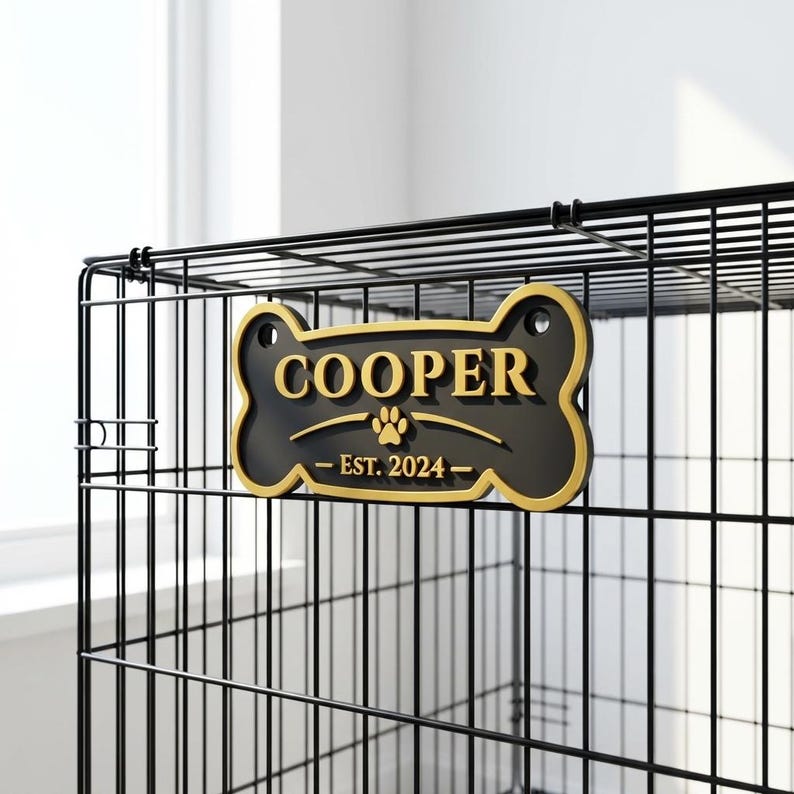 May include: Black and gold dog bone-shaped sign with the name "COOPER" in gold lettering. The sign also includes a paw print and the text "EST. 2024". The sign is attached to a black metal dog crate.