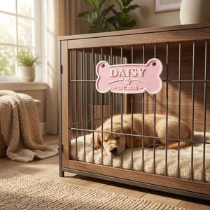 May include: A wooden dog crate with metal bars and a pink bone-shaped sign that reads "DAISY EST. 2026." A golden retriever puppy is sleeping inside on a fluffy white bed. The crate is in a well-lit room with a window.