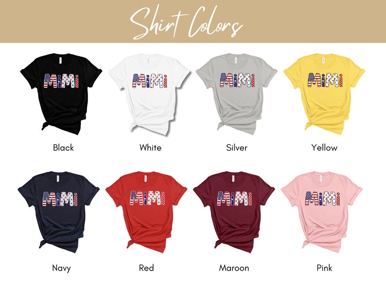 K&ouml;nnte beinhalten: Ein Set aus zehn T-Shirts in verschiedenen Farben, jedes mit dem Wort "Mimi" in roten, wei&szlig;en und blauen Buchstaben mit amerikanischem Flaggenmuster. Die Farben der T-Shirts sind Schwarz, Wei&szlig;, Silber, Gelb, Marineblau, Rot, Weinrot und Rosa.