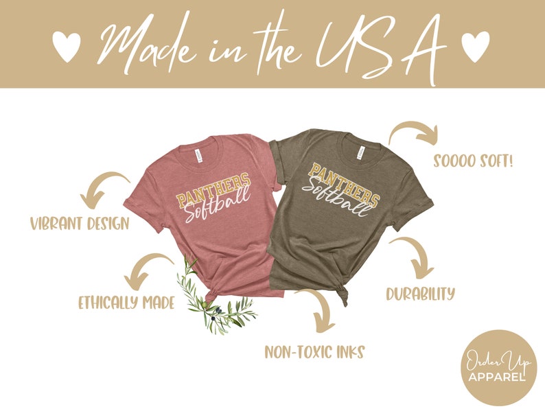 May include: Two t-shirts with the text "Panthers Softball" in gold lettering on a pink and a brown shirt. The shirts are displayed on a white background with text describing the features of the shirts, such as "vibrant design", "ethically made", "non-toxic inks", "soooo soft", and "durability".
