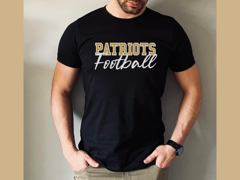 May include: A black t-shirt with the text "PATRIOTS Football" in gold lettering.