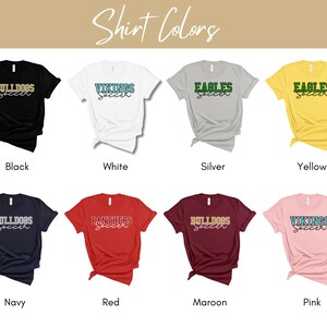 May include: A collage of eight t-shirts in different colors, each featuring a different soccer team name and the word "Soccer" in a stylized font. The teams are: Bulldogs, Vikings, Eagles, Panthers.