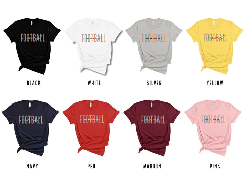 Op de afbeelding: Een set van tien T-shirts in verschillende kleuren, elk met de tekst "FOOTBALL" in een kleurrijk, gestileerd lettertype.