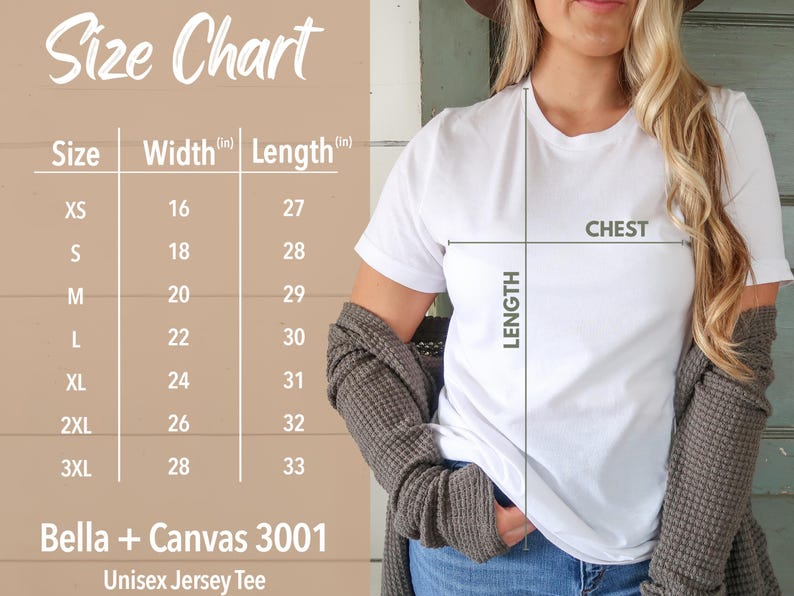 Puede incluir: Tabla de tallas para una camiseta de jersey unisex, que muestra las medidas de ancho y largo en pulgadas para las tallas XS a 3XL. La tabla est&aacute; impresa sobre un fondo beige. Tambi&eacute;n se incluye el texto "Bella + Canvas 3001" y "Unisex Jersey Tee".