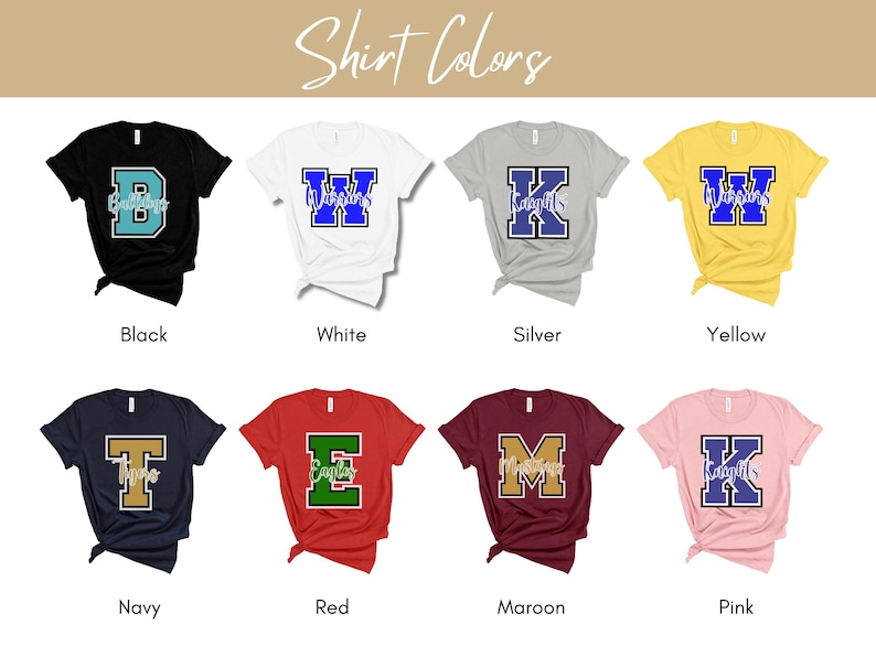Puede incluir: Un conjunto de diez camisetas de diferentes colores, cada una con una letra y un nombre de equipo diferentes. Las letras son de color azul, verde o dorado con un contorno blanco. Los nombres de los equipos est&aacute;n escritos en blanco con una fuente de letra cursiva. Las camisetas est&aacute;n dispuestas en dos filas de cinco. Los colores de las camisetas son negro, blanco, plateado, amarillo, azul marino, rojo, granate y rosa.