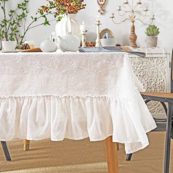 Retro Style White Cotton Tablecloth With Ruffles Etsy