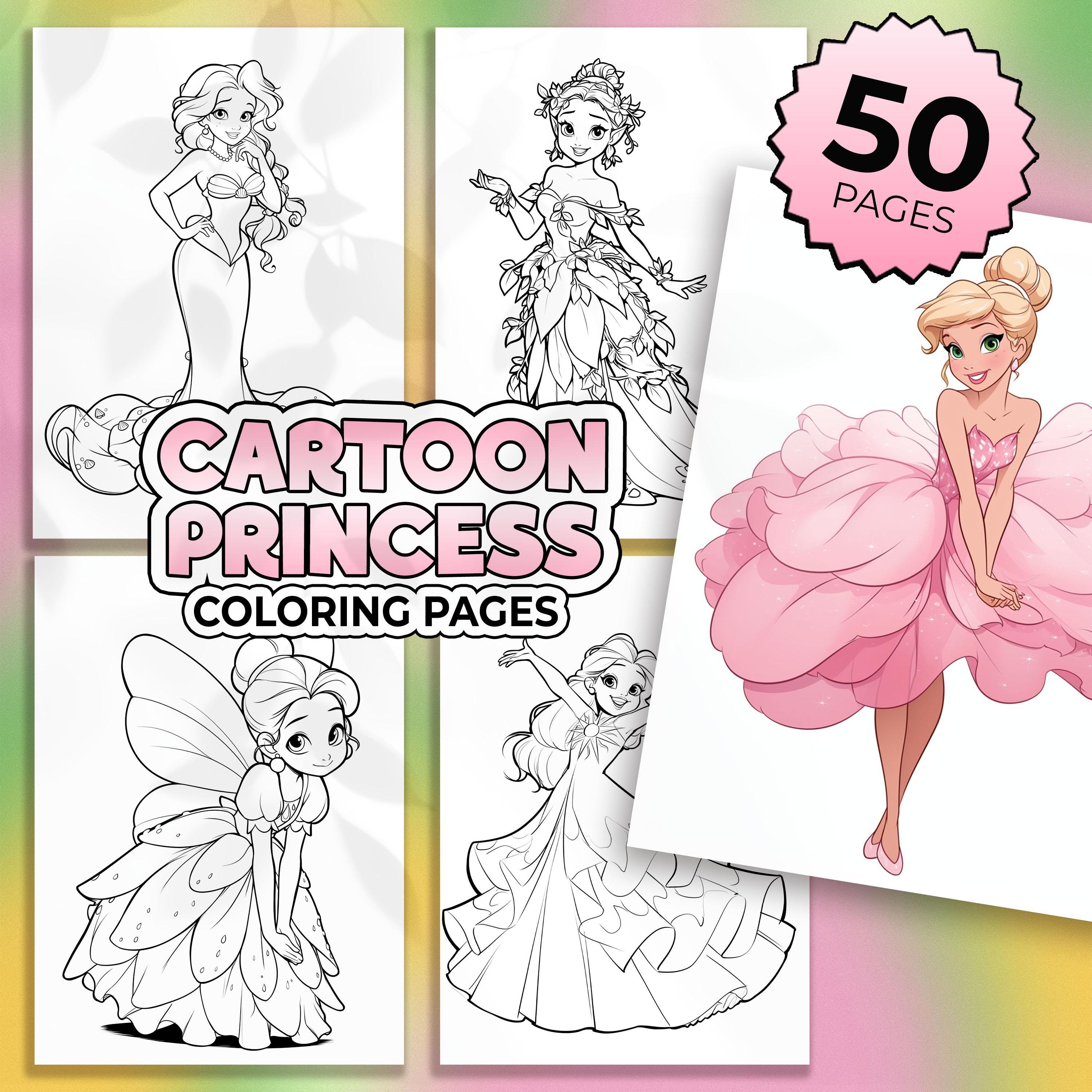 50 Cartoon princess coloring pages PDF | Princesses coloring pages for girls | Cartoon coloring pictures for kids | Girly coloring book PDF