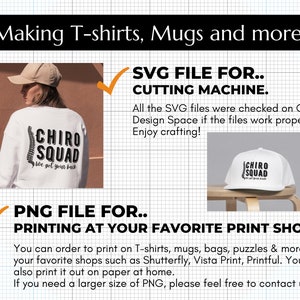 May include: A white sweatshirt with a black design of a spine and the text "Chiro Squad" with the words "We got your back" underneath. The sweatshirt is shown on a model. A white baseball cap with the same design is shown on a wooden surface. The text "SVG FILE FOR... CUTTING MACHINE." and "PNG FILE FOR... PRINTING AT YOUR FAVORITE PRINT SHOP." is shown in black text on a white background.