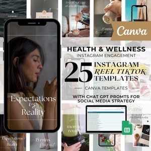 May include: A collage of images promoting 25 Instagram and TikTok reel templates for health and wellness content. The text "HEALTH & WELLNESS" is in large, bold letters. The text "INSTAGRAM ENGAGEMENT" is in smaller letters. The text "25 INSTAGRAM REEL TIKTOK TEMPLATES" is in large, bold letters. The text "CANVA TEMPLATES" is in smaller letters. The text "WITH CHAT GPT PROMTS FOR SOCIAL MEDIA STRATEGY" is in smaller letters. The images include a woman drinking from a cup, a blender, a laptop, and a phone.