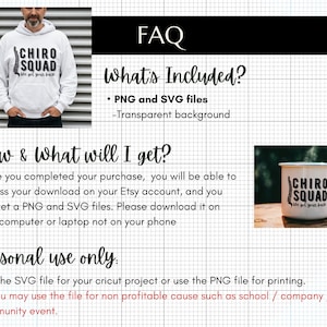 May include: A digital download of a PNG and SVG file featuring a design that says "Chiro Squad" with a spine graphic. The design is suitable for use on a mug, t-shirt, or other items. The text "We got your back" is also included in the design.