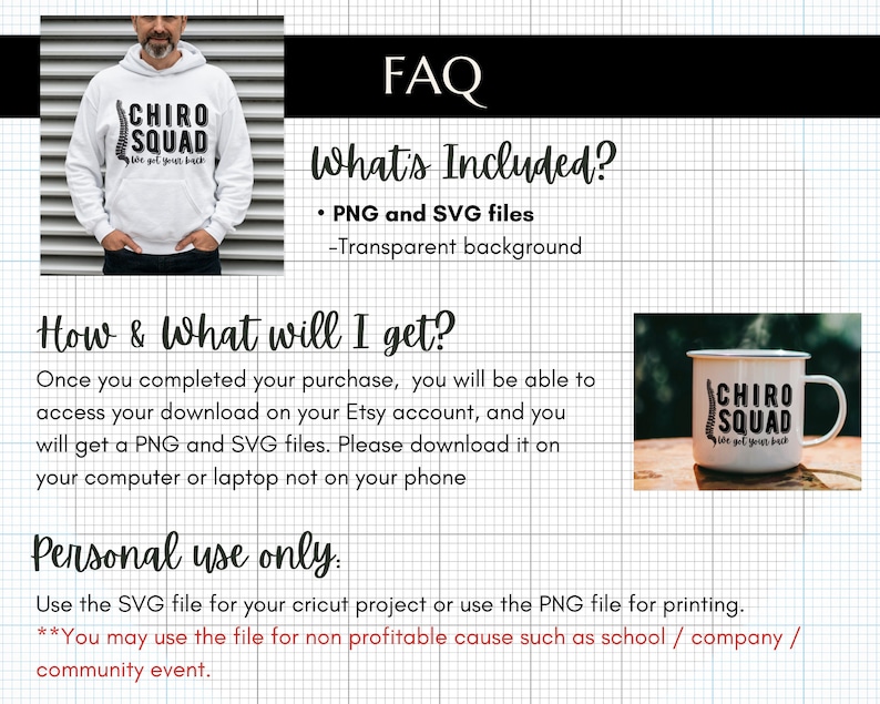 May include: A digital download of a PNG and SVG file featuring a design that says "Chiro Squad" with a spine graphic. The design is suitable for use on a mug, t-shirt, or other items. The text "We got your back" is also included in the design.