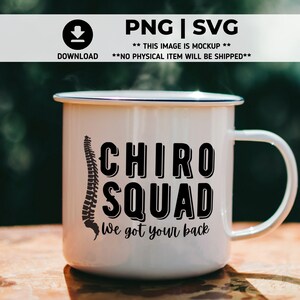 May include: White enamel mug with a black silhouette of a spine and the text "CHIRO SQUAD We got your back".