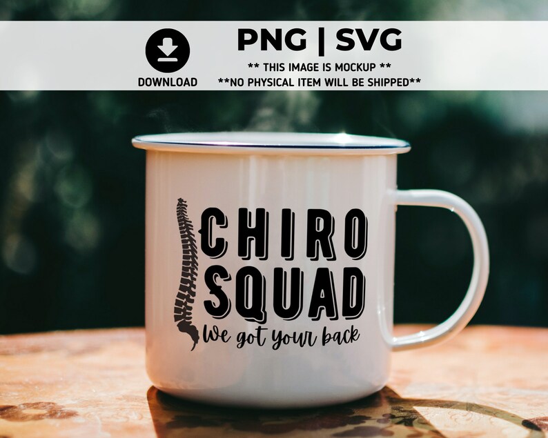 May include: White enamel mug with a black silhouette of a spine and the text "CHIRO SQUAD We got your back".